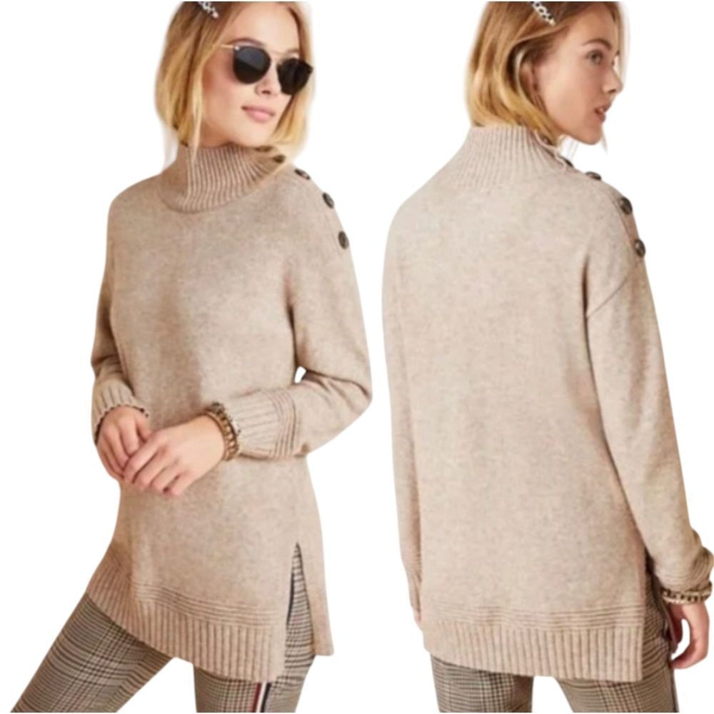 Anthropologie Margarita Tunic Sweater Button Shoulder Detail Mock Neck Sz Medium